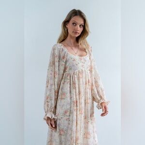 Boho Cream Floral Maxi Dress Romantic Cottagecore Long Sleeve Flowy Easter
